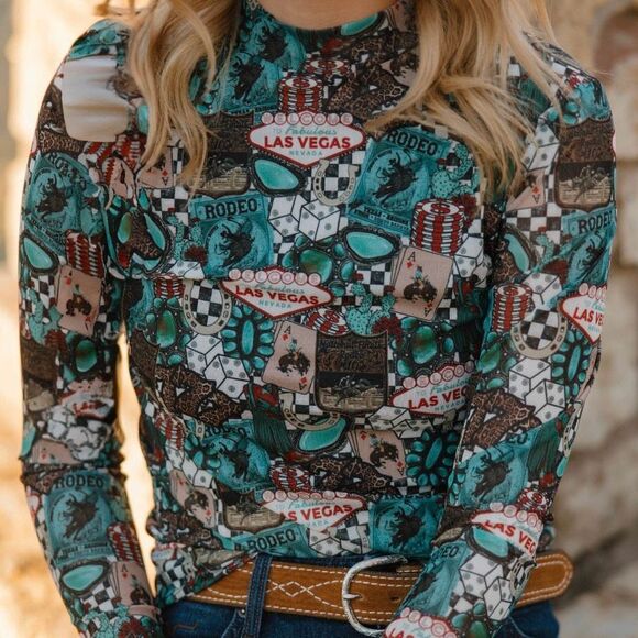 Southwestern Viva Las Cowgirl Mesh Top Vegas Fun New - Picture 2 of 6